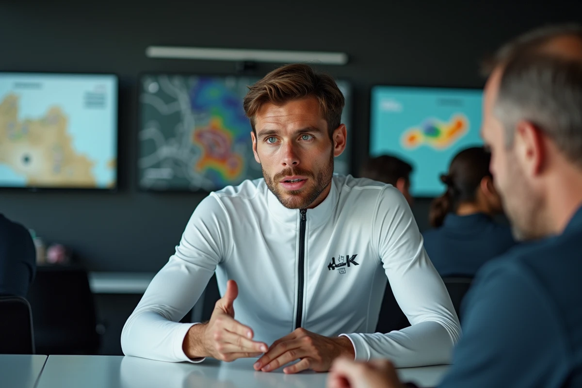 Réunion tactique d'équipe cycliste professionnelle dans un bus d'équipe, préparation de la stratégie pour le Tour de France 2026