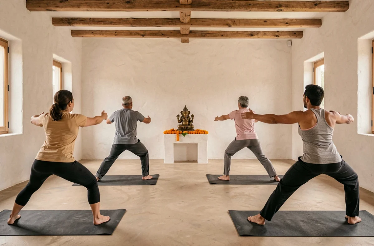 Groupe de yoga pratiquant des salutations au soleil dans le Sat Shala avec autel traditionnel et fleurs de souci