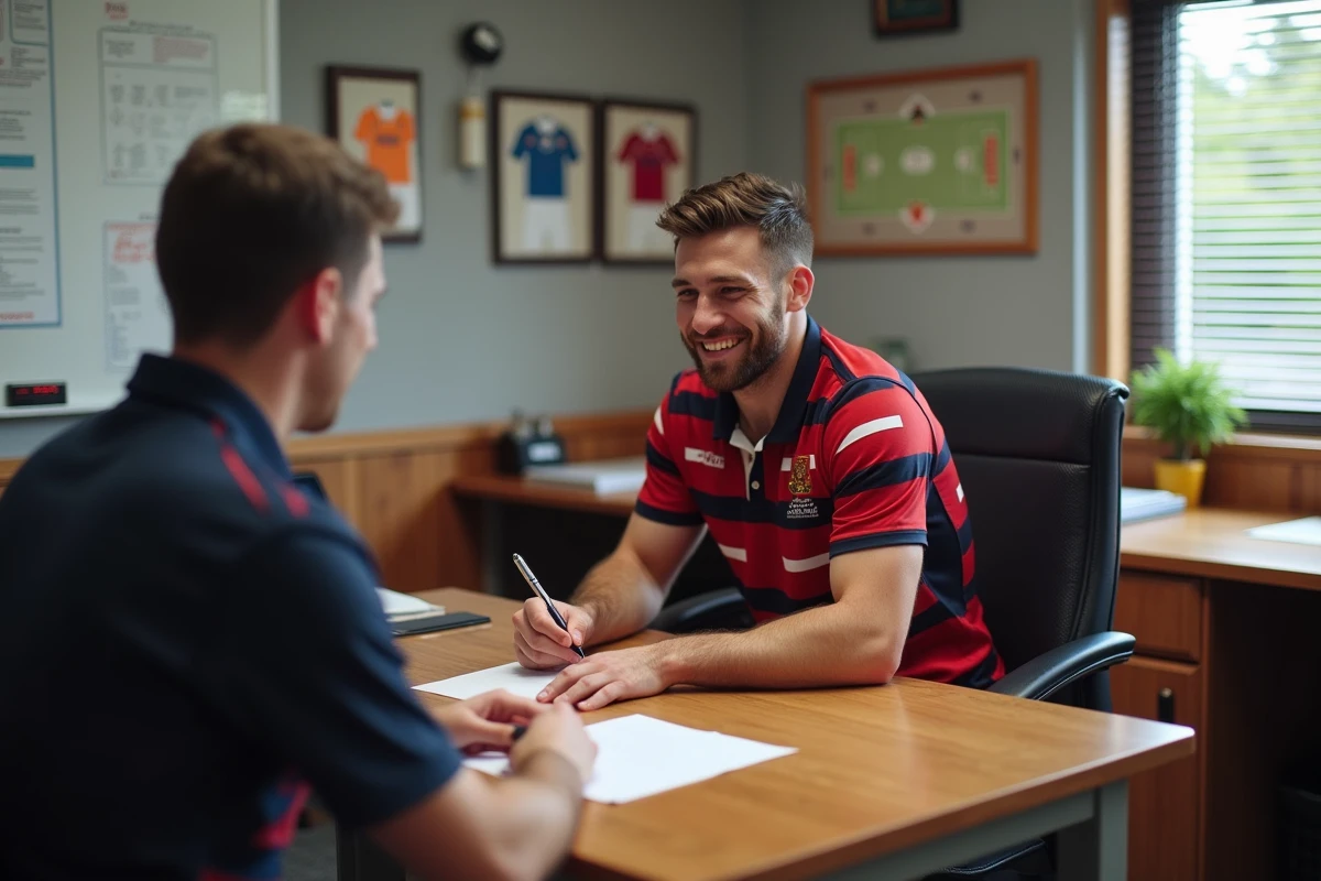Joueur de rugby signant son contrat de transfert dans un club de National 2 français