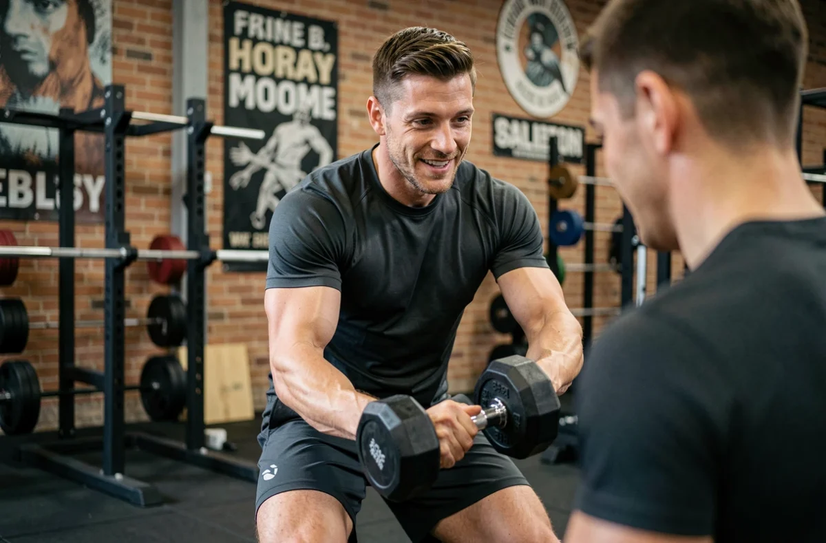 Simon, coach sportif, guidant un client lors d'une séance d'entraînement en salle à Metz