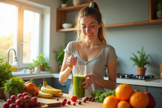 Jeune femme préparant un smoothie santé dans la cuisine lumineuse