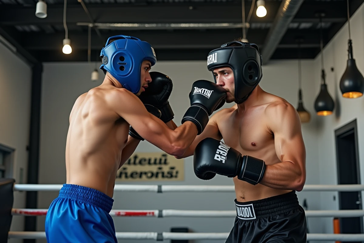 Deux boxeurs thaï masculins en clinch lors d'une séance de sparring dans une salle de boxe professionnelle équipée