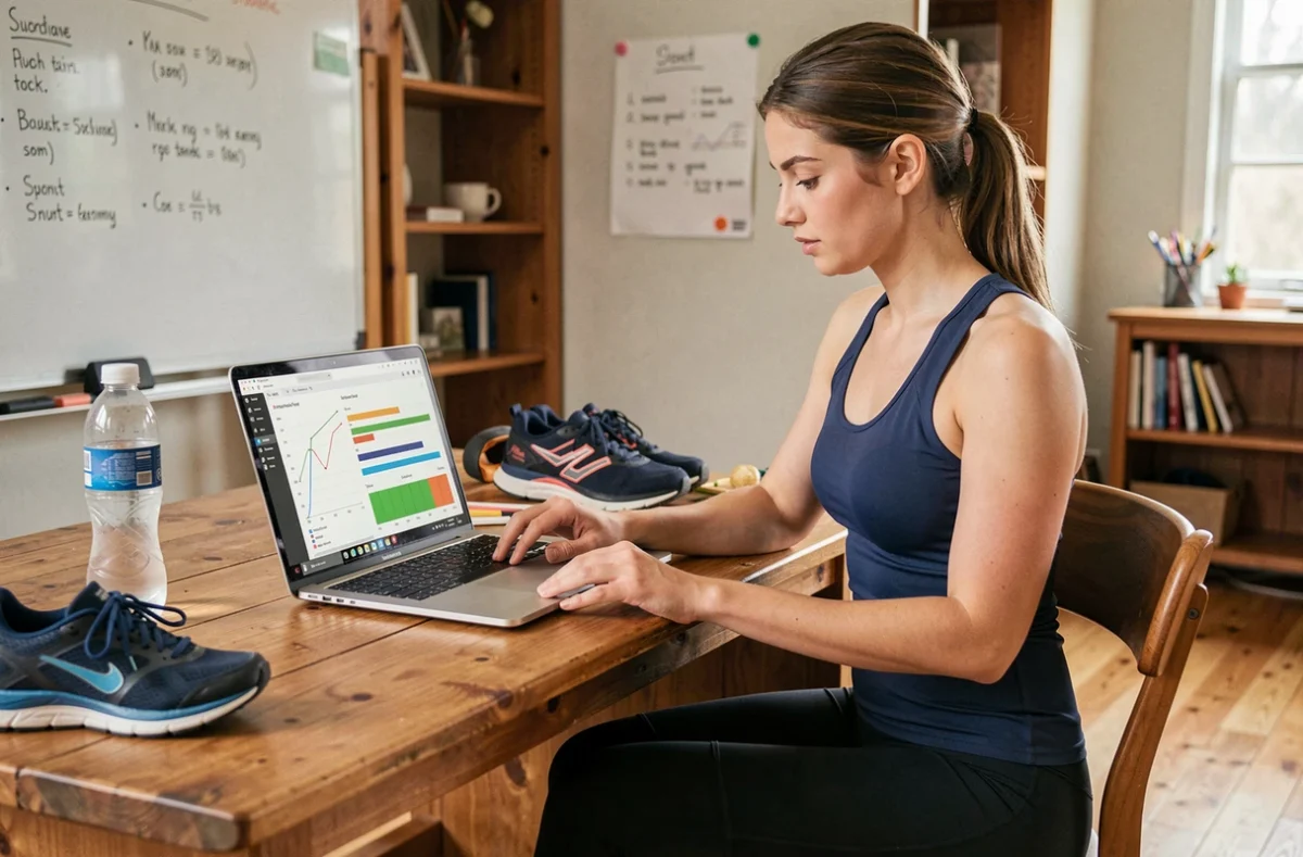 Sportive amateur analysant ses performances sur une plateforme de suivi sportif depuis son bureau à domicile