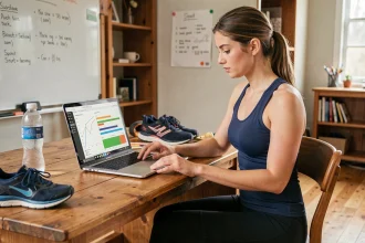 Sportive amateur analysant ses performances sur une plateforme de suivi sportif depuis son bureau à domicile