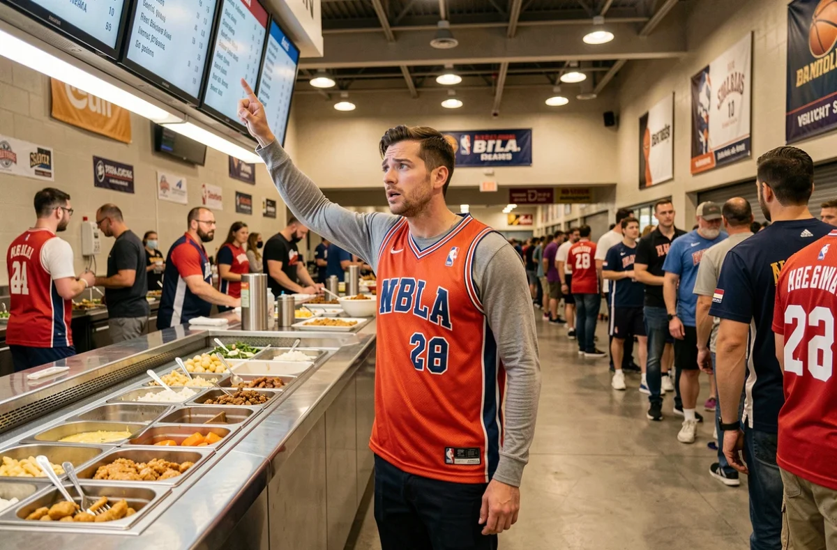 Homme hésitant devant un stand de nourriture à l'intérieur d'une salle de basket NBA à New York