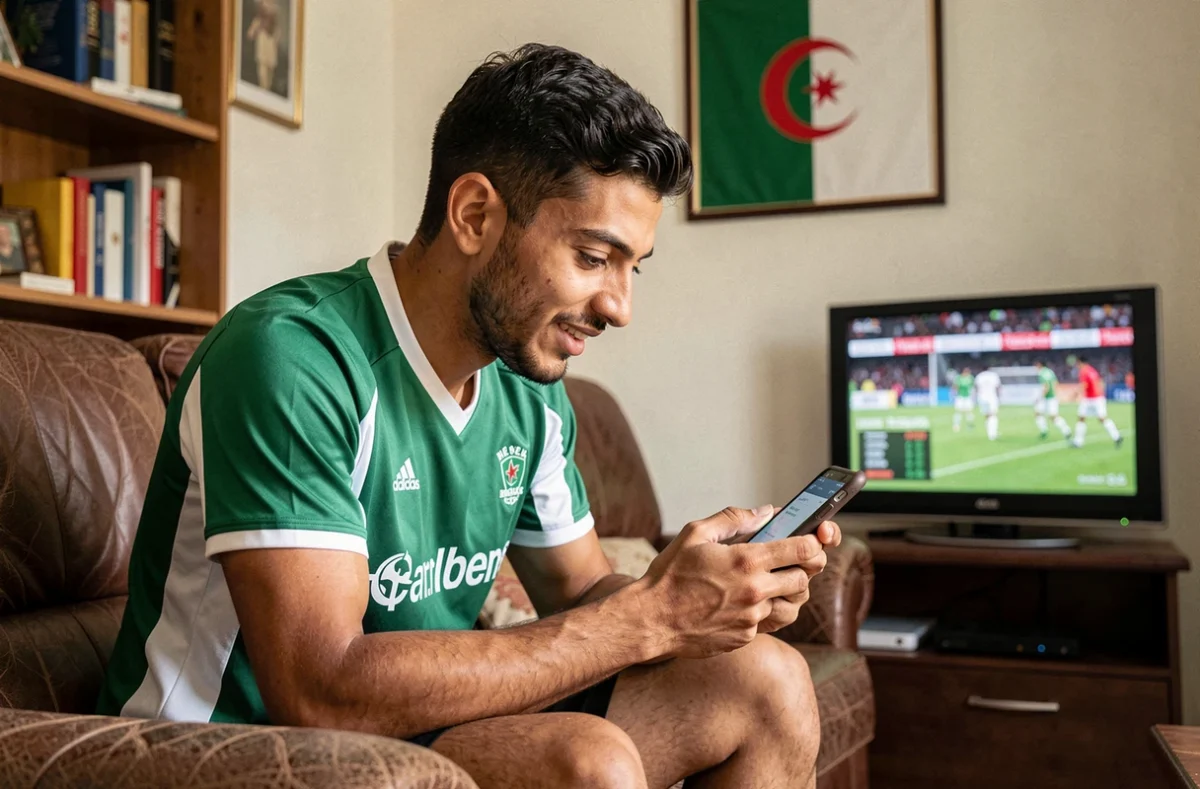 Supporter algérien consultant les statistiques de la Ligue 1 algérienne sur son smartphone via Competition.dz