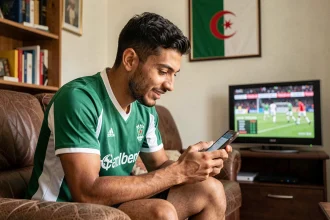 Supporter algérien consultant les statistiques de la Ligue 1 algérienne sur son smartphone via Competition.dz