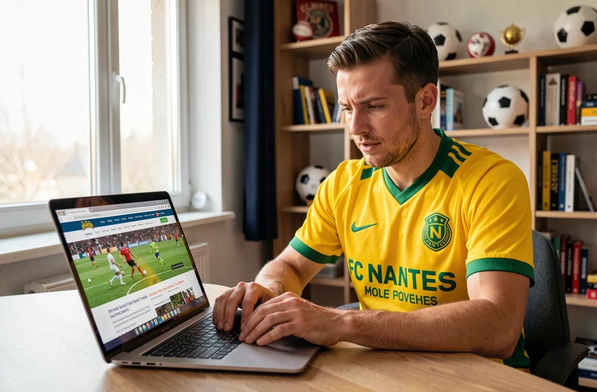 Supporter du FC Nantes consultant le site Info FCN sur son ordinateur portable pour suivre l'actualité du club