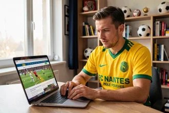 Supporter du FC Nantes consultant le site Info FCN sur son ordinateur portable pour suivre l'actualité du club