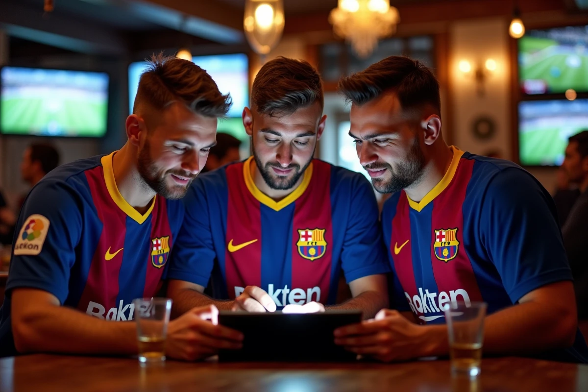Trois supporters du FC Barcelone discutant des dernières actualités de l'équipe dans un bar sportif