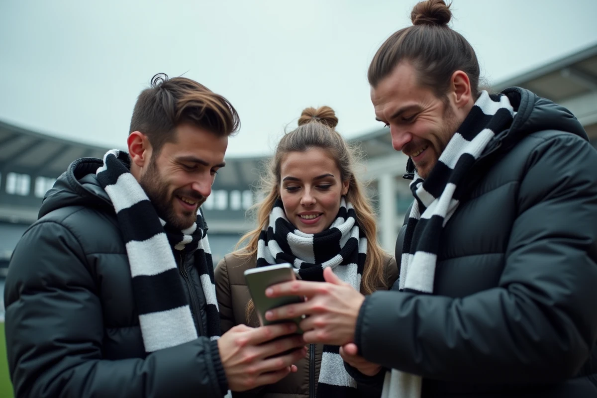 Supporters de la Juventus comparant les prix des billets sur une application mobile devant l'Allianz Stadium