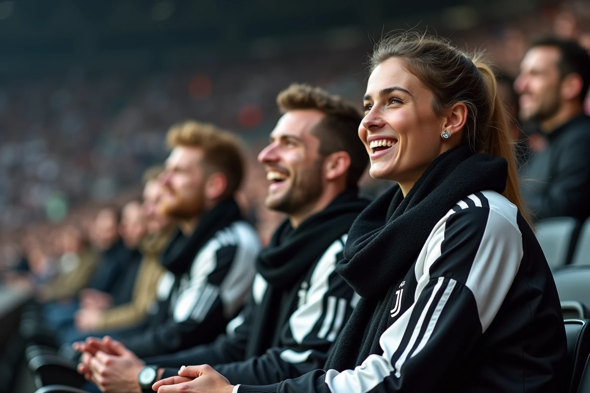 Groupe de supporters de la Juventus FC assis dans la Curva Sud de l'Allianz Stadium, portant maillots et écharpes bianconeri