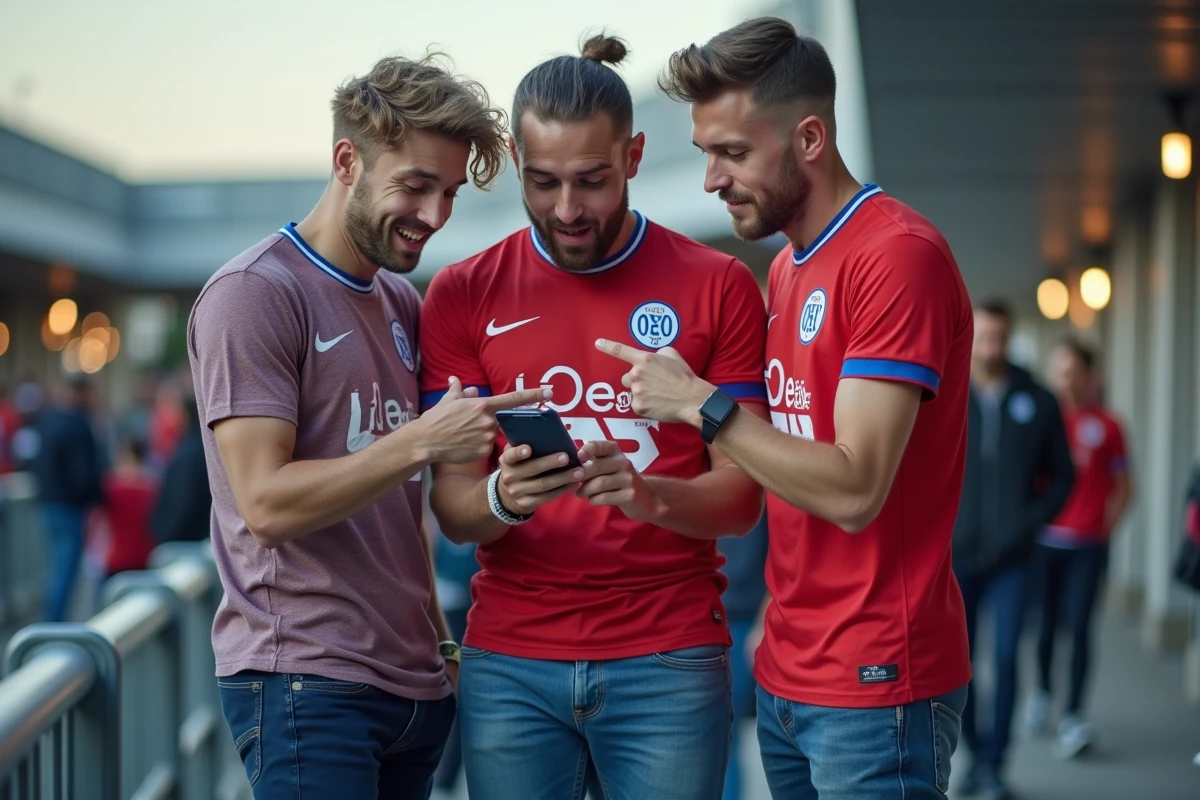 Des supporters du LOSC consultent les rumeurs de mercato sur un smartphone au stade Pierre-Mauroy