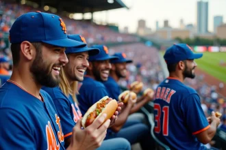Groupe de supporters des Mets de New York dans les tribunes du stade, mangeant des hot-dogs et riant pendant un match de baseball