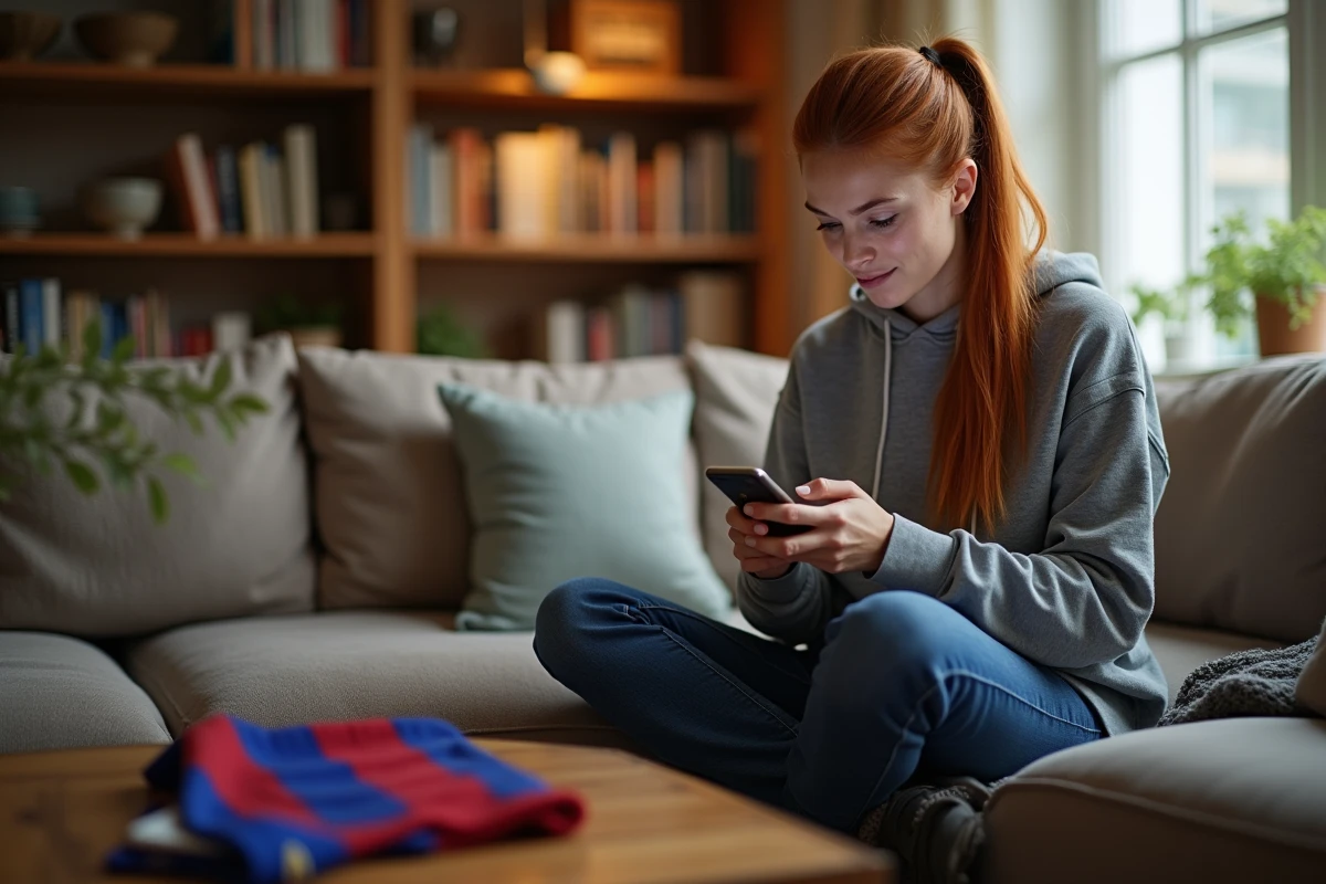 Supportrice du FC Barcelone consultant l'actualité du club sur son smartphone depuis son salon