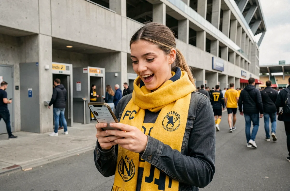 Supportrice du FC Nantes vérifiant les dernières informations sur Info FCN via son smartphone devant le stade