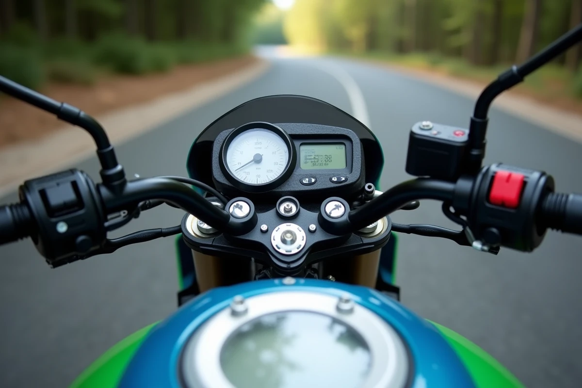 Gros plan sur le tableau de bord et le cockpit de l'Aprilia RS 125, instruments et guidon détaillés