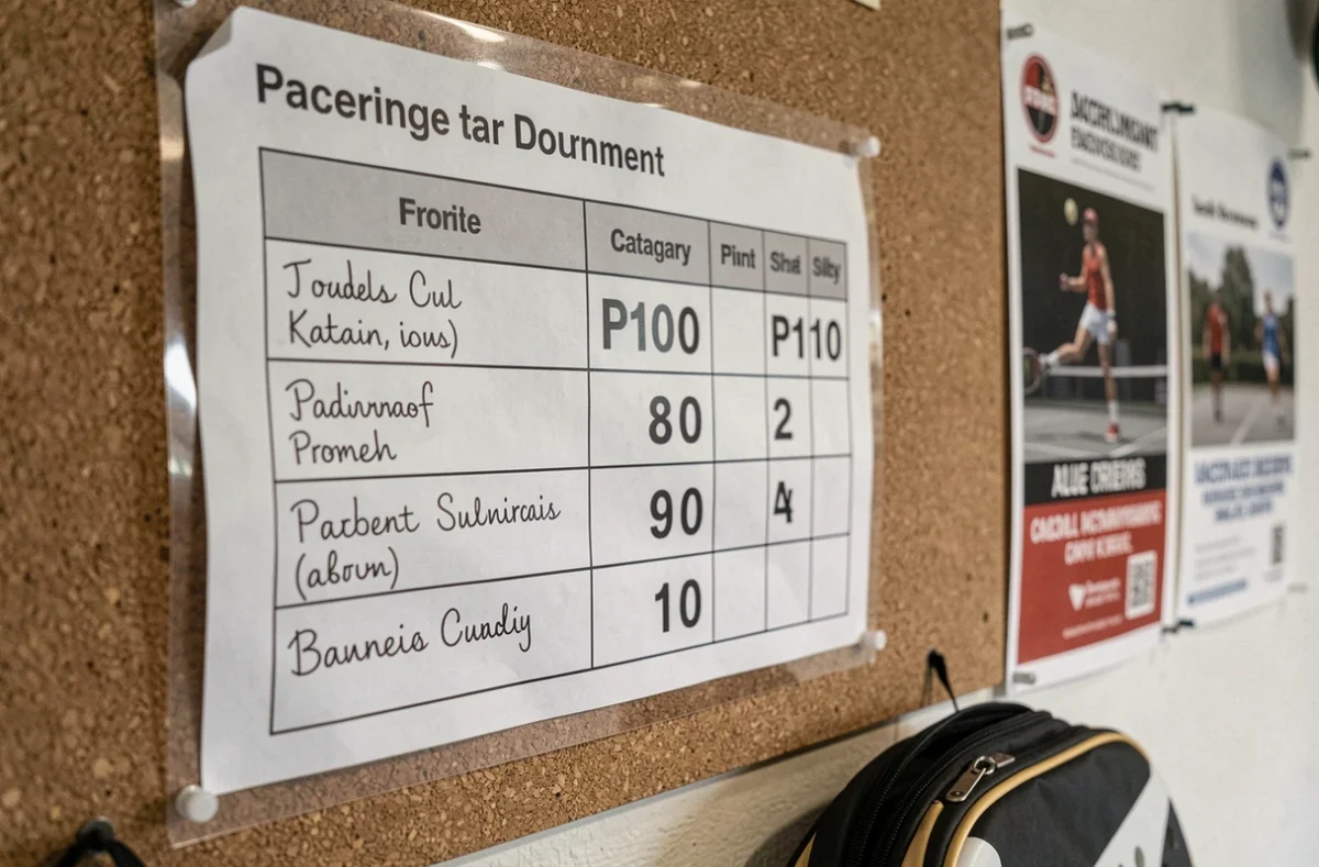 Tableau d'affichage des points P100 padel affiché dans la réception d'un club de padel avec classement loisir et compétition