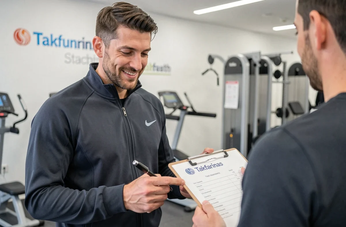 Takfarinas, coach sport et santé en consultation avec un client dans une salle à Strasbourg