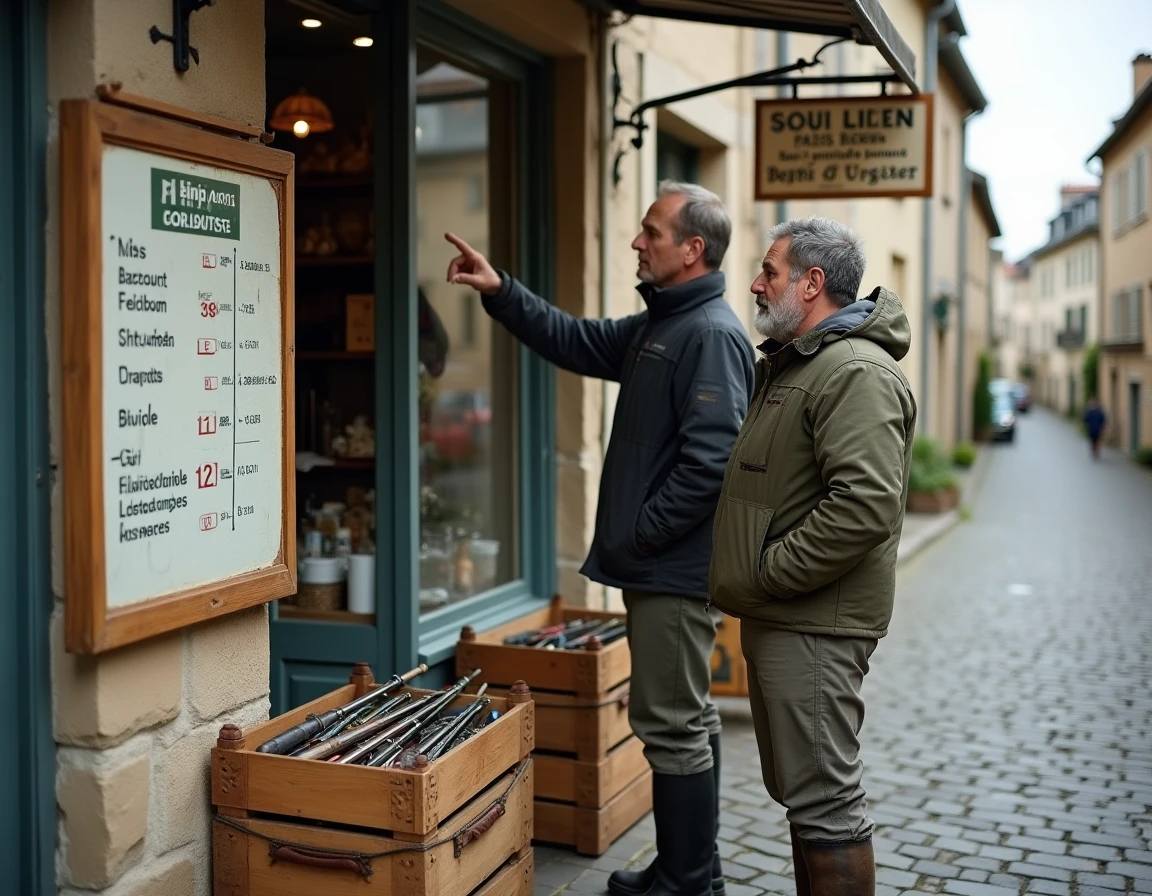 Deux pêcheurs comparant les tarifs du permis de pêche devant un magasin de pêche en village français