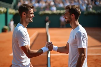 Deux joueurs de tennis se serrent la main sur court ensoleille