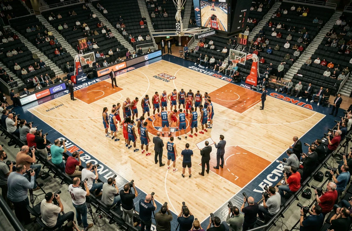 Vue aérienne d'un terrain de basket professionnel lors d'un arrêt de jeu en playoffs, avec tableau de score et joueurs regroupés près des bancs