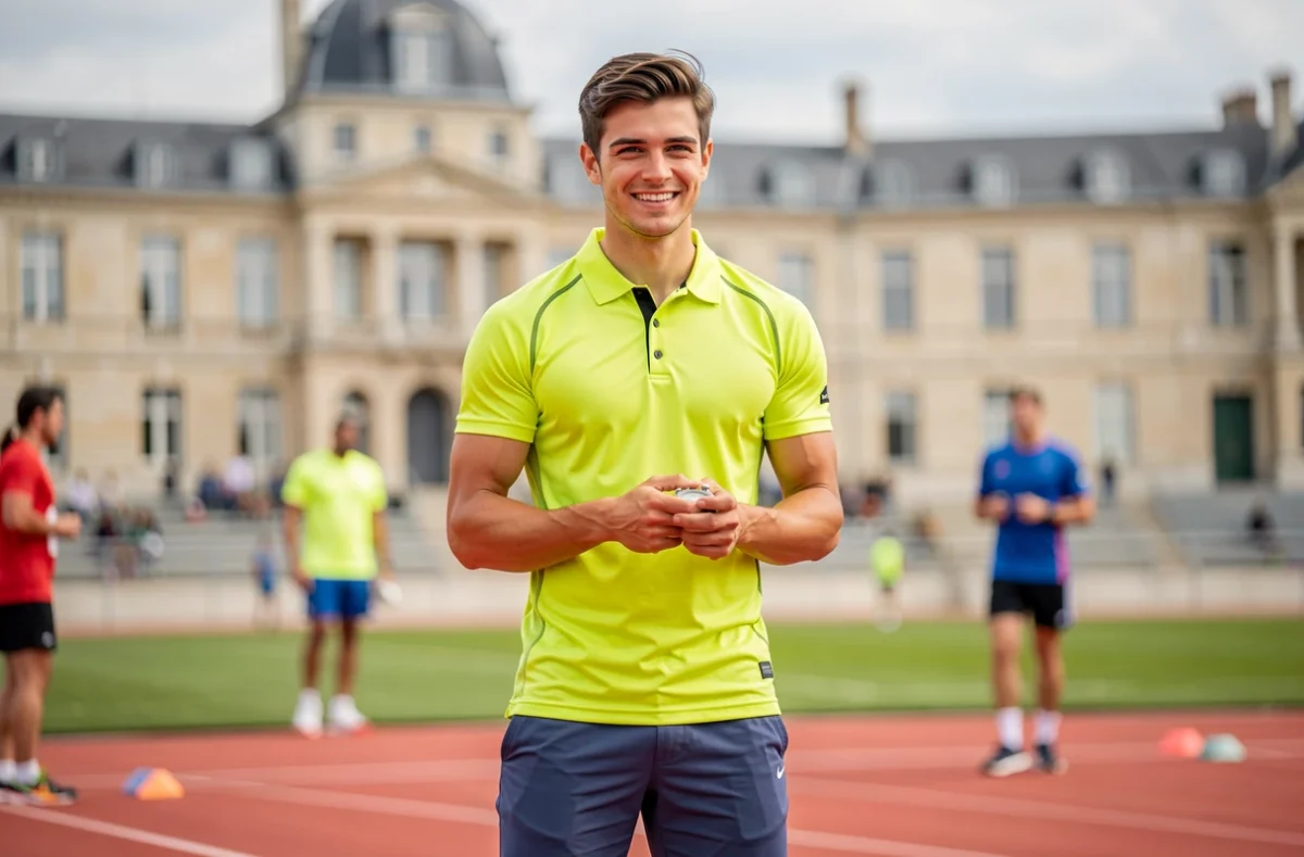Théo, jeune coach sportif sur un terrain d'entraînement à Reims