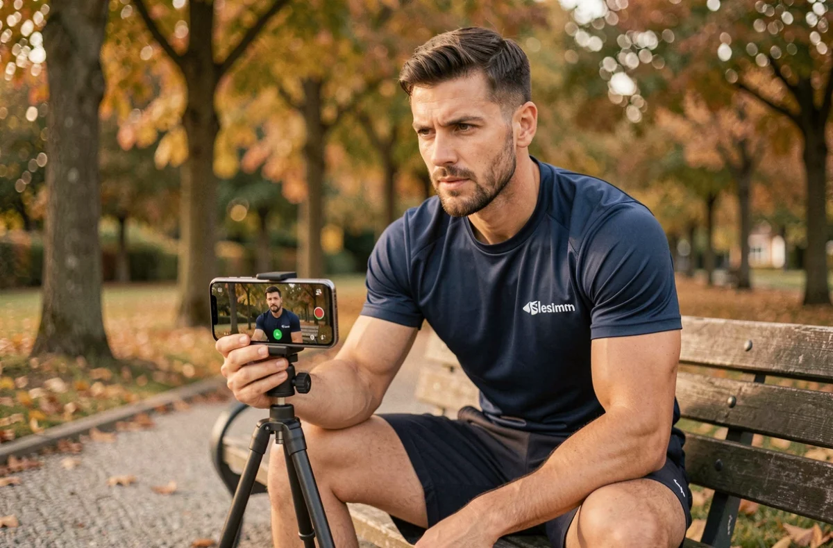 Coach TrainMe Seine-et-Marne effectuant une séance de coaching en ligne depuis un parc en automne