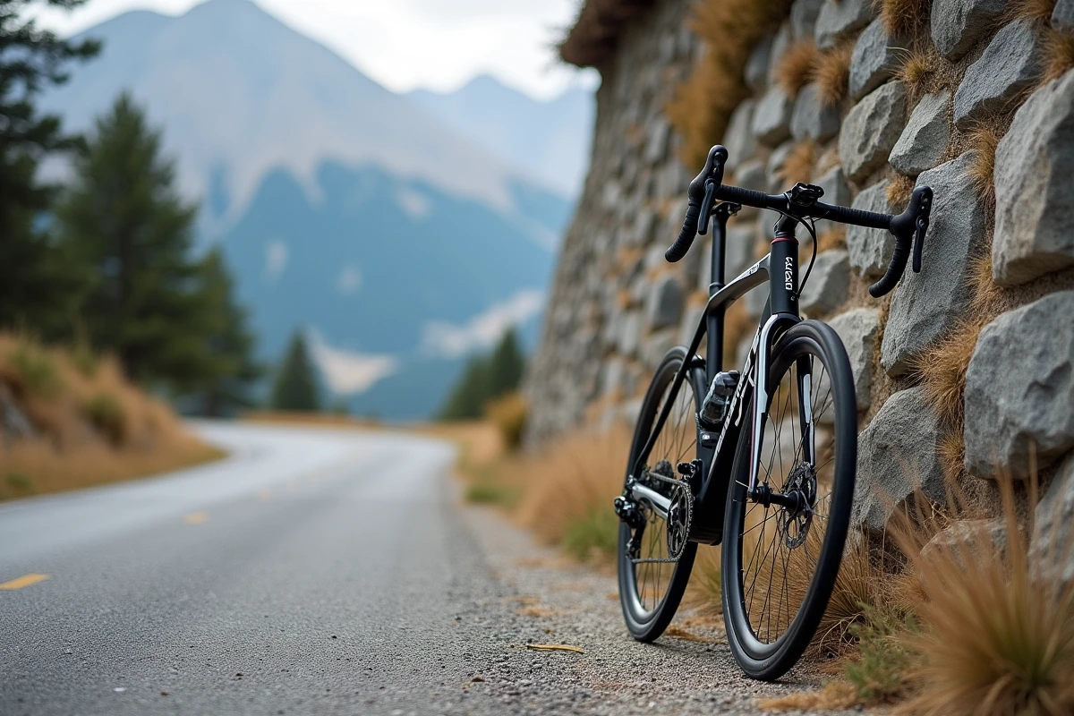 Vélo de route Van Rysel RCR appuyé contre un mur de pierre dans les Alpes françaises lors d'un gran fondo