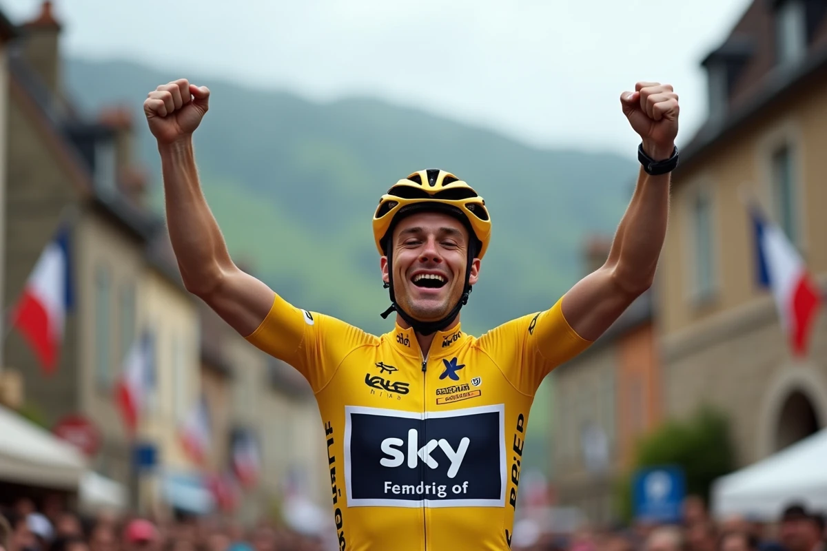 Cycliste professionnel célébrant une victoire d'étape en maillot jaune lors d'un grand tour, ambiance Tour de France 2026