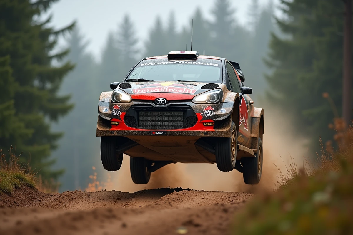 Voiture de rallye en plein saut sur une spéciale forestière gravillon lors d'une manche du calendrier 2026