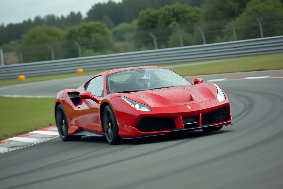 Voiture de sport rouge en pleine négociation d'un virage sur circuit lors d'un stage de pilotage haute performance