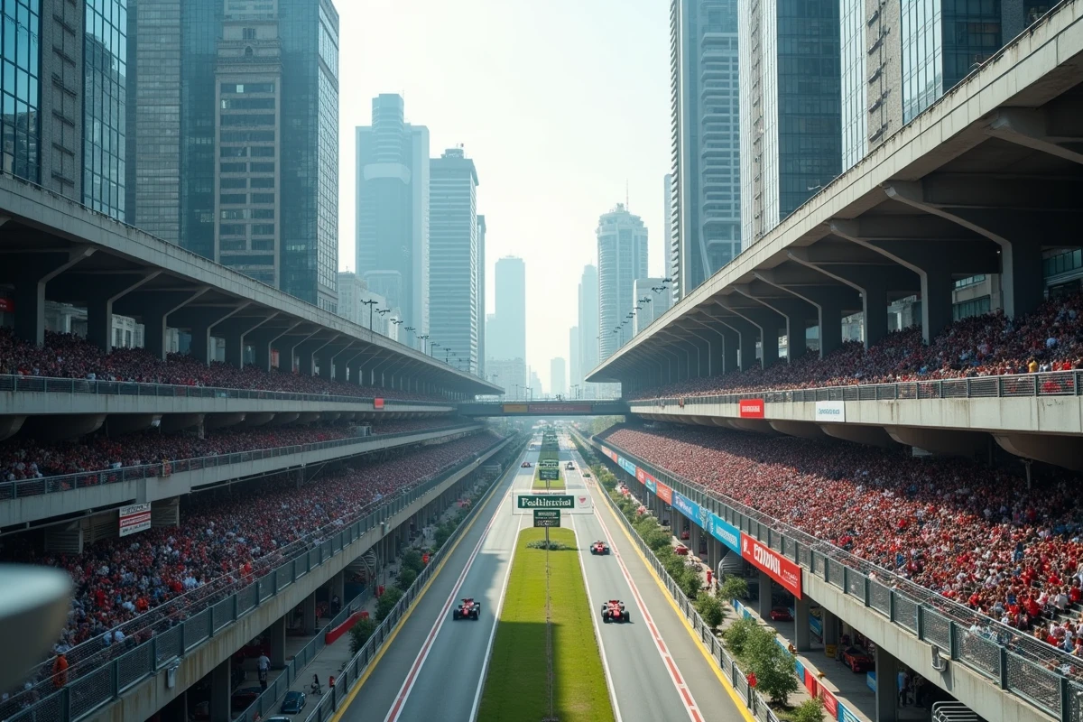 Vue aérienne d'un circuit de F1 urbain temporaire intégré dans une métropole moderne pour la saison 2026